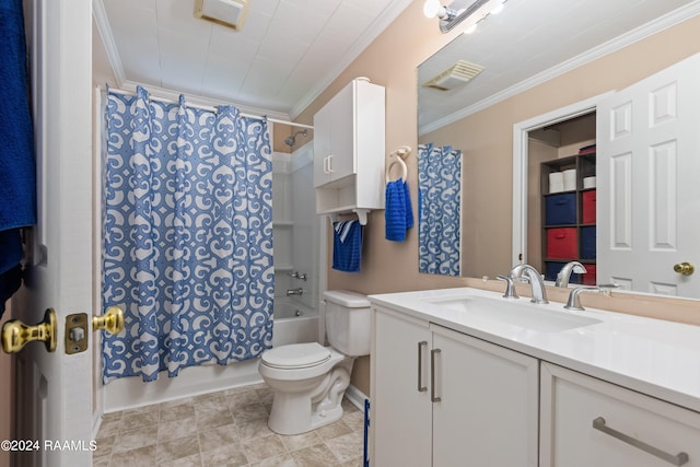 full bathroom featuring vanity, ornamental molding, toilet, and shower / tub combo with curtain