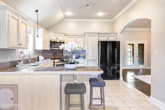 kitchen featuring pendant lighting, light wood-type flooring, stainless steel appliances, and a healthy amount of sunlight