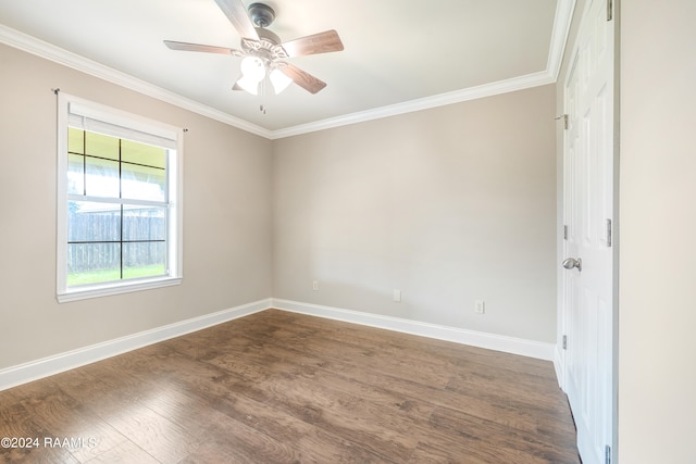 unfurnished room with dark hardwood / wood-style flooring, ceiling fan, and crown molding