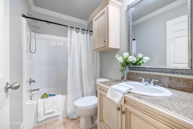 full bathroom featuring vanity, ornamental molding, shower / bath combo, toilet, and tile patterned flooring