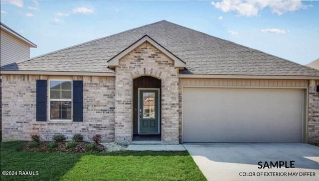 french country inspired facade with driveway, brick siding, roof with shingles, and an attached garage