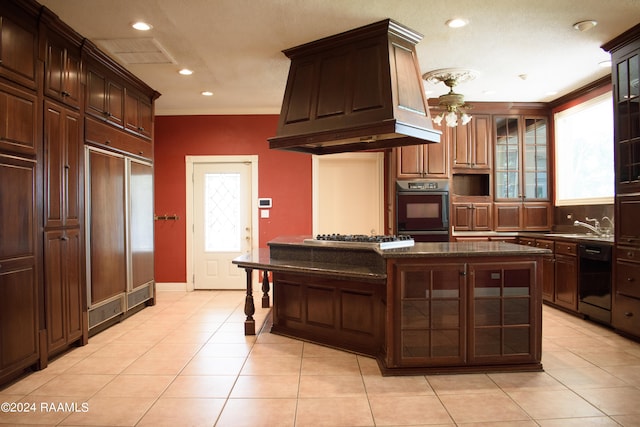 kitchen featuring ornamental molding, light tile patterned floors, black appliances, and custom exhaust hood