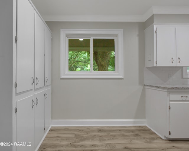 interior space featuring light hardwood / wood-style floors and crown molding