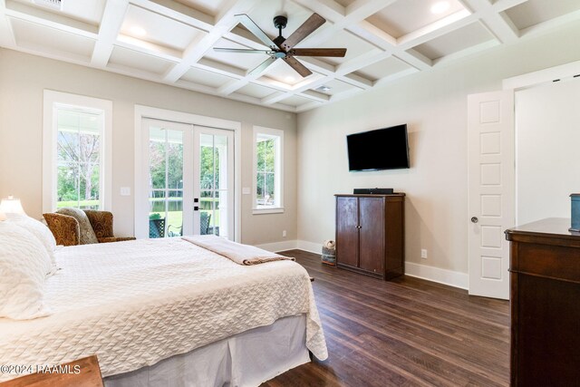 bedroom featuring coffered ceiling, dark hardwood / wood-style flooring, access to outside, french doors, and beamed ceiling