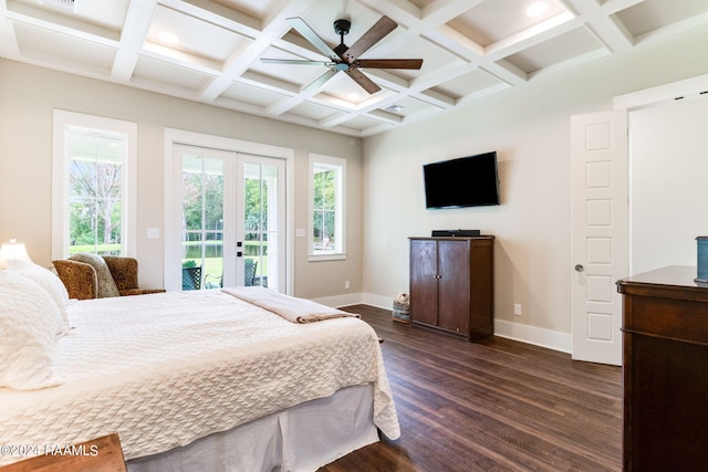 bedroom featuring beam ceiling, access to outside, dark wood-style floors, french doors, and baseboards