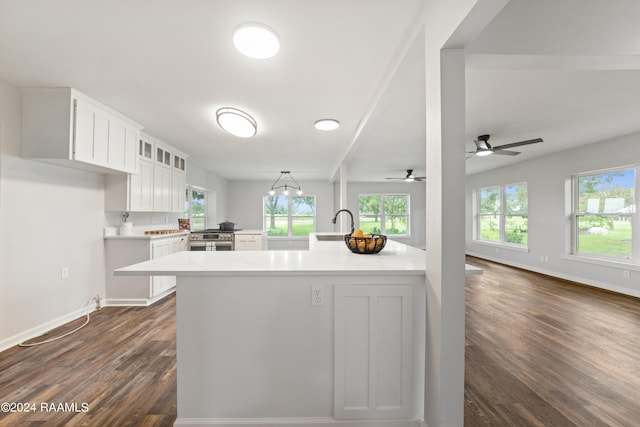 kitchen featuring white cabinets, kitchen peninsula, dark hardwood / wood-style floors, and stainless steel stove