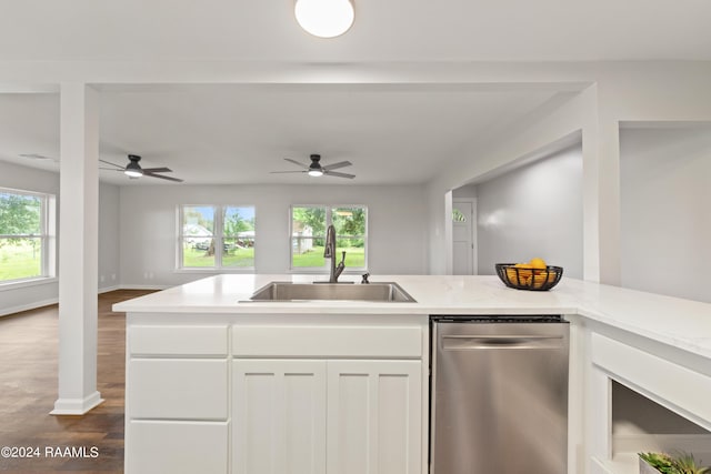 kitchen with sink, dishwasher, a healthy amount of sunlight, and white cabinets