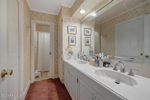 bathroom featuring vanity, tile patterned flooring, crown molding, and walk in shower