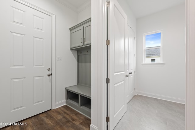 mudroom featuring crown molding