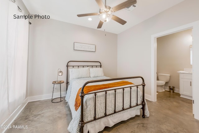 bedroom with ensuite bath and ceiling fan