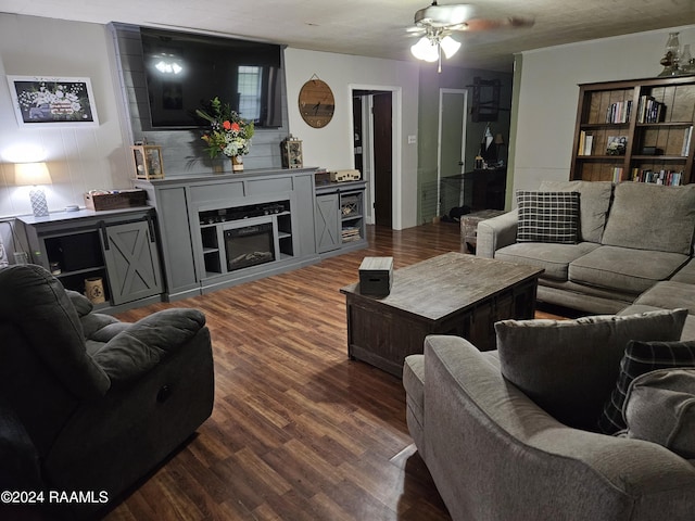 living room with ceiling fan, dark hardwood / wood-style floors, and a fireplace