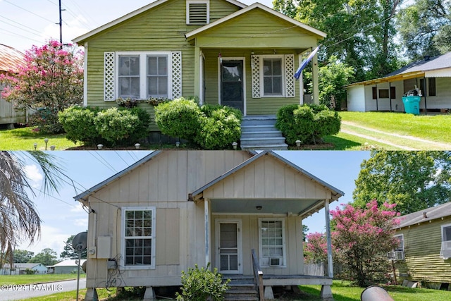 bungalow-style house featuring covered porch and a front yard