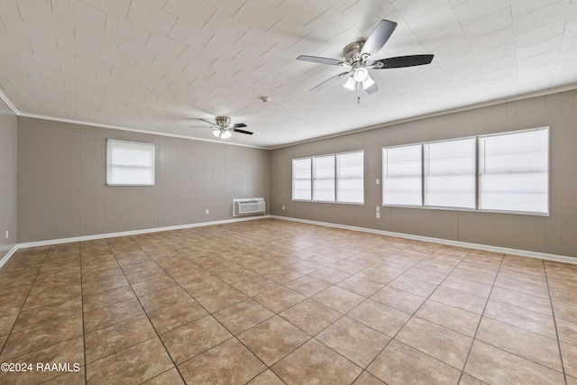 unfurnished room featuring crown molding, a healthy amount of sunlight, ceiling fan, and a wall unit AC