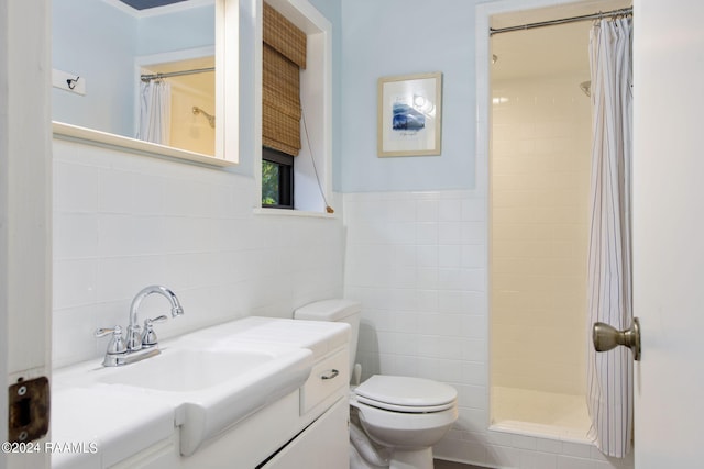 bathroom featuring tile walls, walk in shower, toilet, and vanity