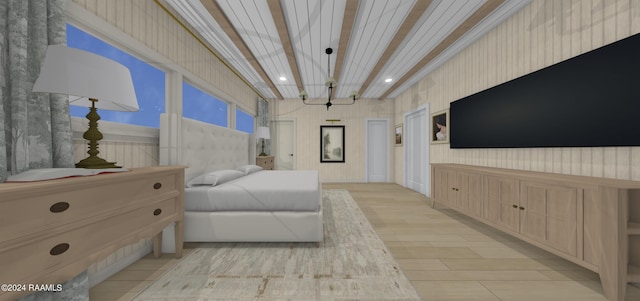 bedroom featuring light wood-type flooring and a chandelier