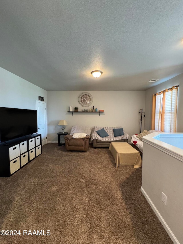 living room featuring dark carpet and a textured ceiling