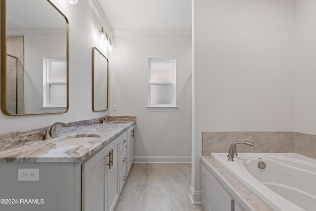 bathroom featuring separate shower and tub, vanity, and crown molding