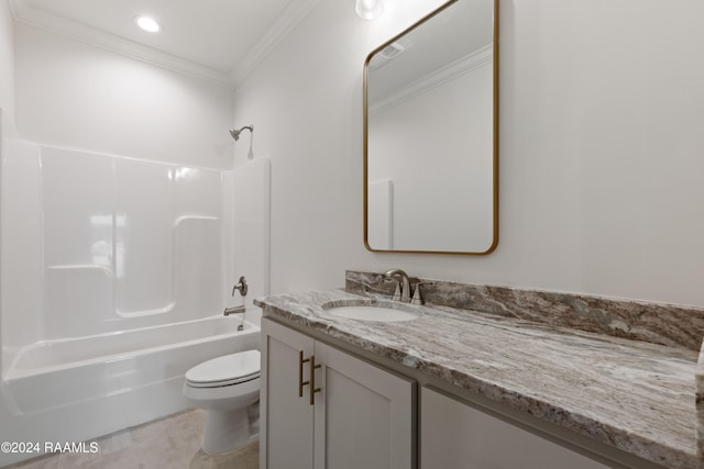 full bathroom featuring toilet, shower / tub combination, vanity, and ornamental molding