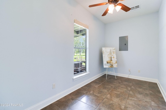 unfurnished room featuring electric panel and ceiling fan