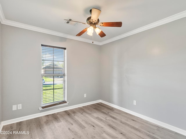 unfurnished room with ceiling fan, light hardwood / wood-style floors, and crown molding