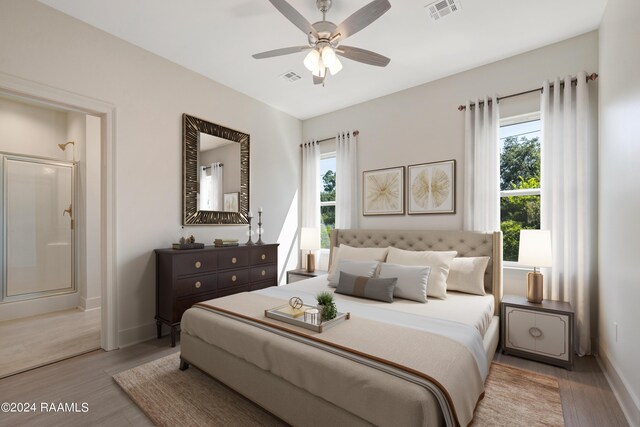 bedroom with light hardwood / wood-style flooring and ceiling fan