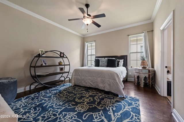 bedroom with ornamental molding, ceiling fan, and dark hardwood / wood-style floors