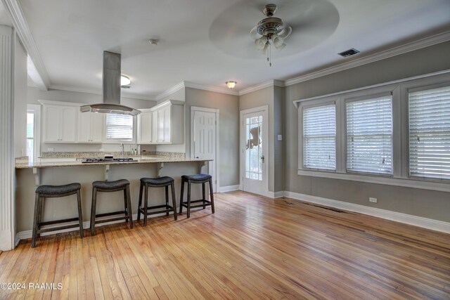 kitchen featuring a breakfast bar, white cabinets, island exhaust hood, kitchen peninsula, and light hardwood / wood-style flooring