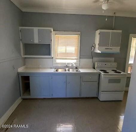 kitchen with a healthy amount of sunlight, sink, white electric range oven, and crown molding