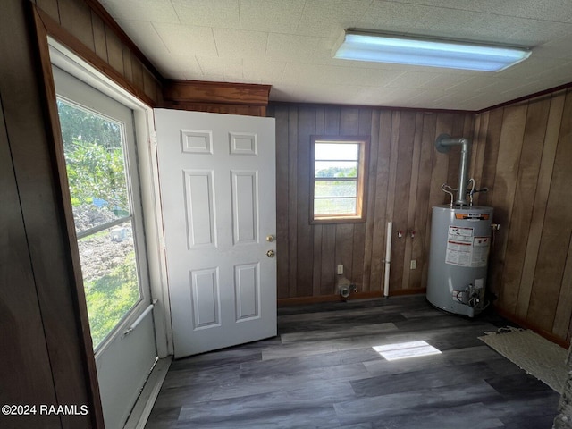 interior space featuring a wealth of natural light, gas water heater, and dark wood-type flooring