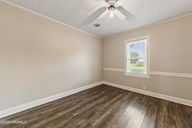 unfurnished room featuring ceiling fan, ornamental molding, and dark hardwood / wood-style floors