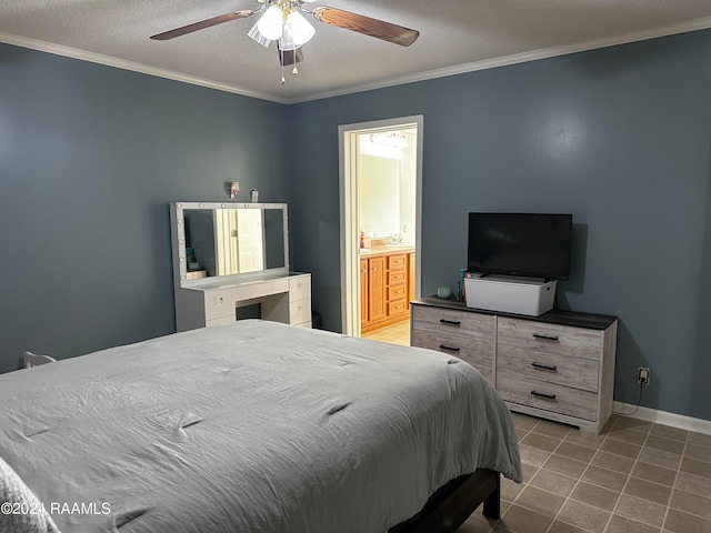 bedroom featuring ornamental molding, a textured ceiling, connected bathroom, and ceiling fan