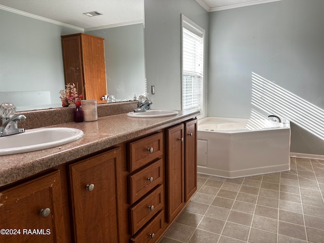 bathroom with vanity, crown molding, a textured ceiling, and a tub to relax in