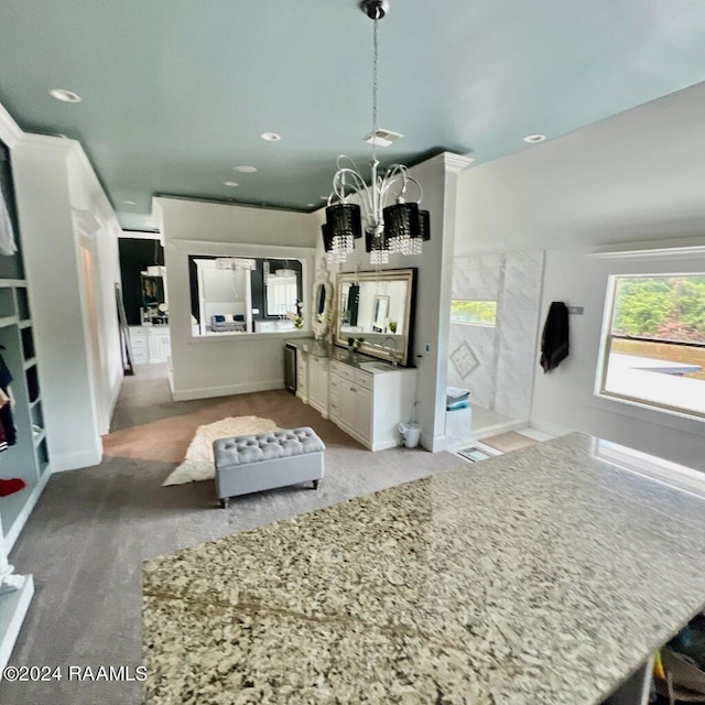 bathroom featuring a notable chandelier, recessed lighting, visible vents, vanity, and baseboards