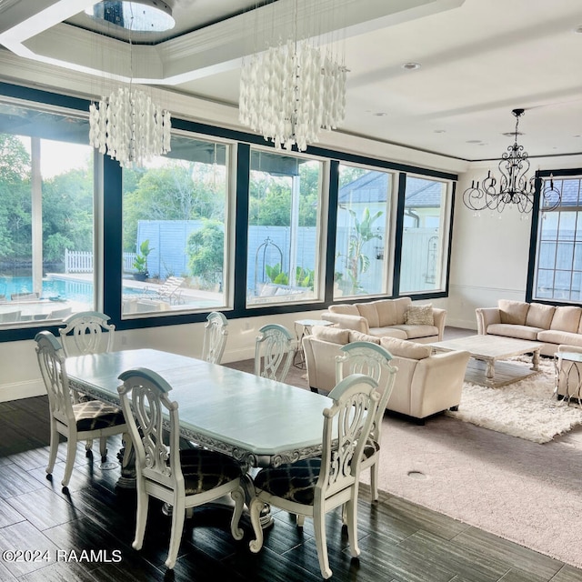 dining space with a healthy amount of sunlight, a tray ceiling, dark hardwood / wood-style flooring, and a notable chandelier