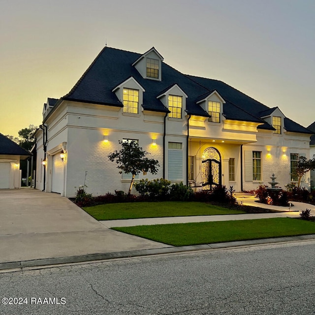 view of front of home with a garage and a lawn