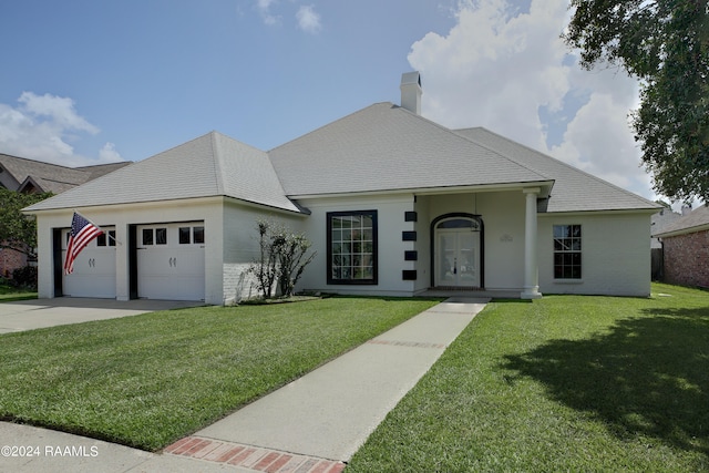 view of front of property with a garage and a front lawn