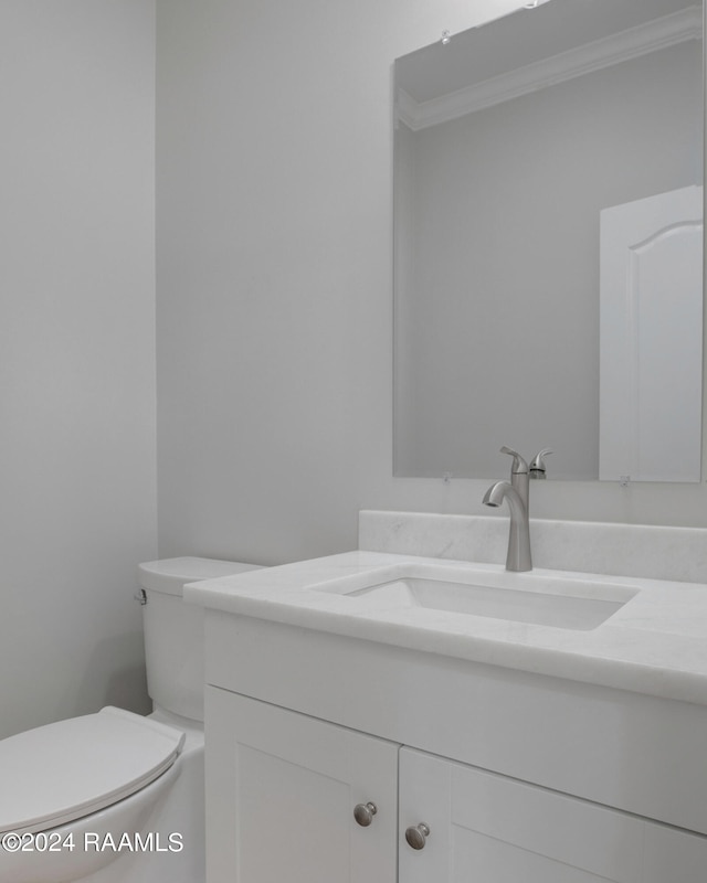 bathroom featuring toilet, vanity, and ornamental molding