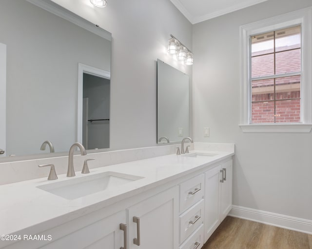 bathroom with crown molding, hardwood / wood-style floors, and double vanity