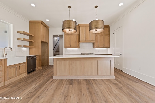 kitchen with sink, light wood-type flooring, dishwasher, pendant lighting, and backsplash