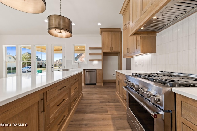 kitchen with premium range hood, stainless steel appliances, tasteful backsplash, and pendant lighting