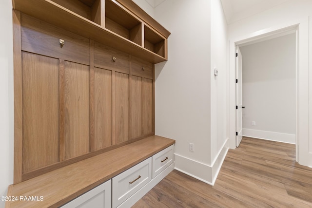 mudroom with light hardwood / wood-style flooring