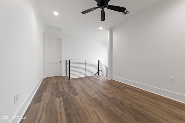 unfurnished room with crown molding, ceiling fan, and hardwood / wood-style flooring