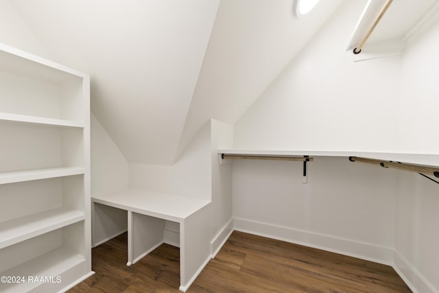 spacious closet featuring lofted ceiling and dark wood-type flooring