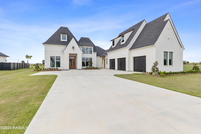 modern farmhouse with a front lawn and a garage