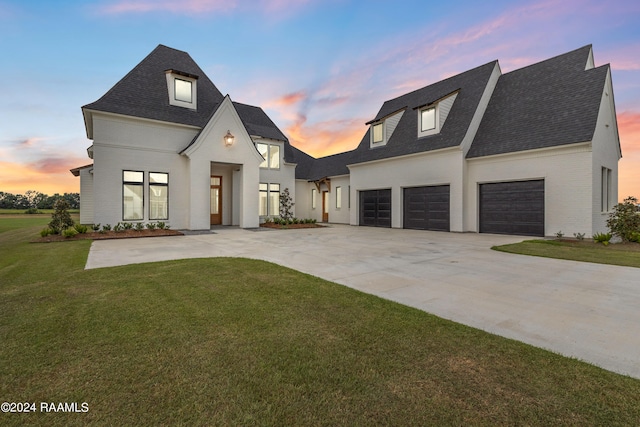 view of front of property featuring a garage and a yard