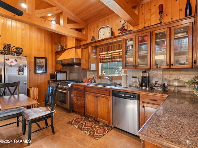 kitchen featuring sink, decorative backsplash, stainless steel appliances, and premium range hood