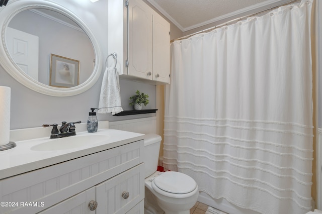 full bathroom with a textured ceiling, vanity, crown molding, toilet, and plus walk in shower