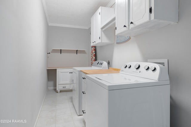 laundry room with light tile patterned flooring, independent washer and dryer, cabinets, and ornamental molding