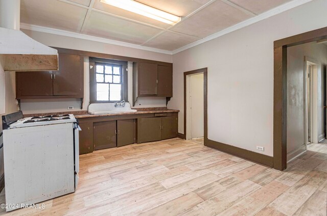 kitchen featuring light wood-type flooring, dark brown cabinets, extractor fan, sink, and stove