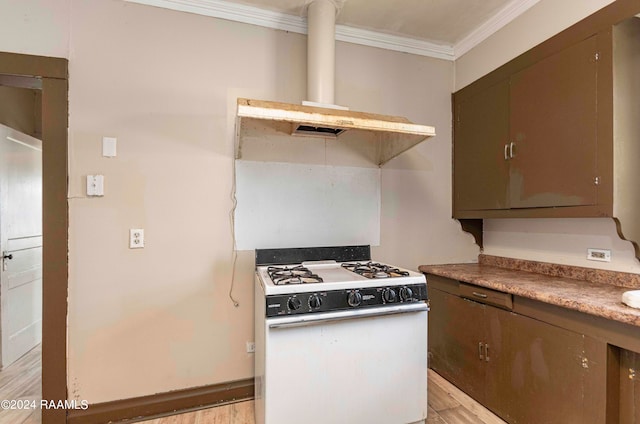 kitchen with ornamental molding, island range hood, white range with gas cooktop, and light hardwood / wood-style floors